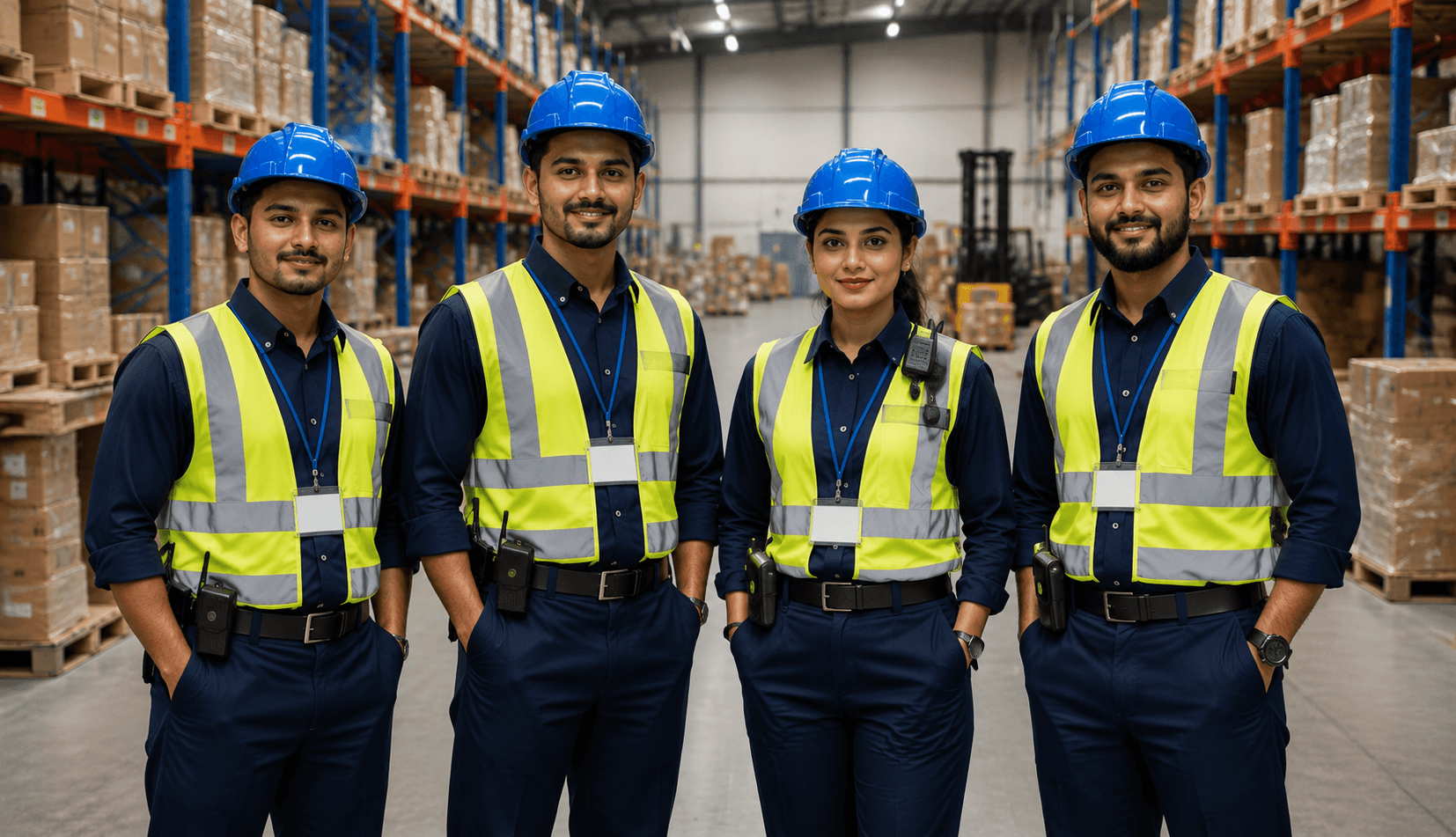 Logistics support workforce wearing safety vests in a warehouse